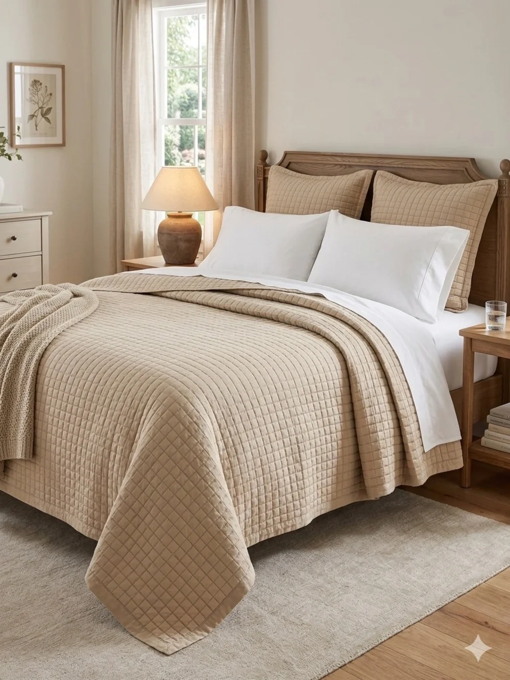 Hotel Collection King Quilt Tan 100% Pima Cotton Square Quilted Coverlet